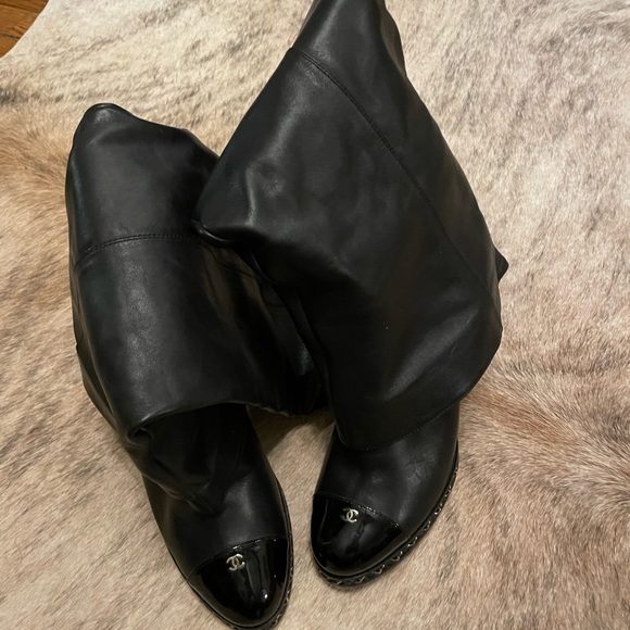 Chanel Foldover Knee High Cap Toe Chain Wedge Heel Boots - Picture 2 of 11